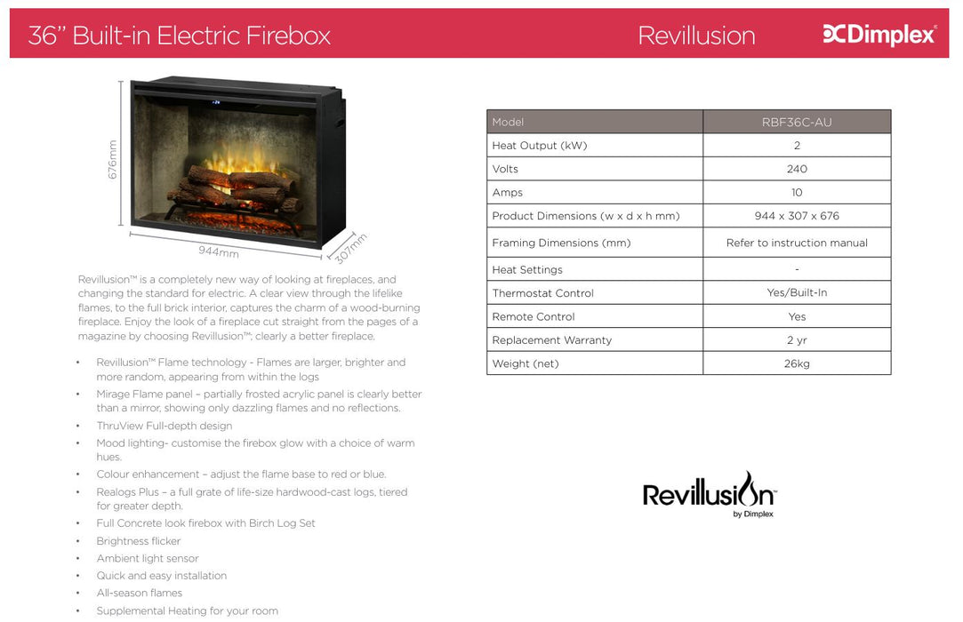 Dimplex Revillusion 36" Electric Firebox Fireplace RBF36C-AU