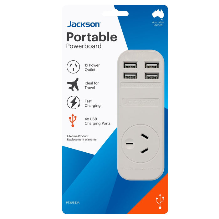 JACKSON 1x Outlet Power board with 4x USB Charging Outlets. 3.4A. 0.9m lead.