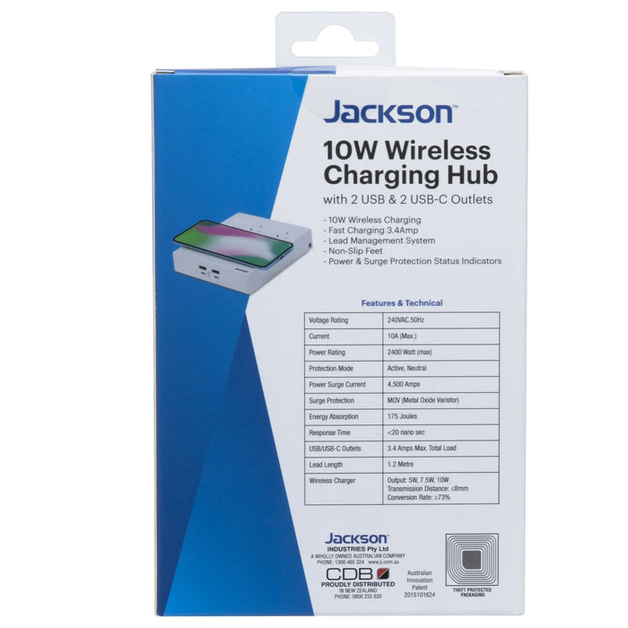 JACKSON 10W Wireless Charging Hub w 2x USB 2x USB-C Ports 2x 3Pin Power Outlets