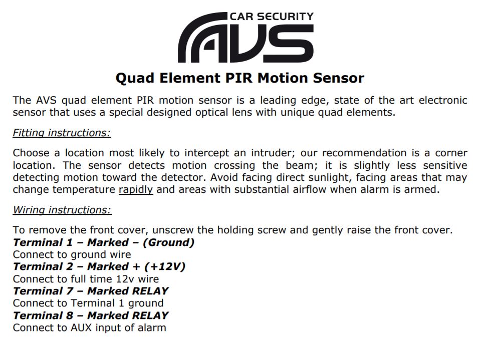 AVS PIR Motion Sensor N/O Contacts AVSPIR