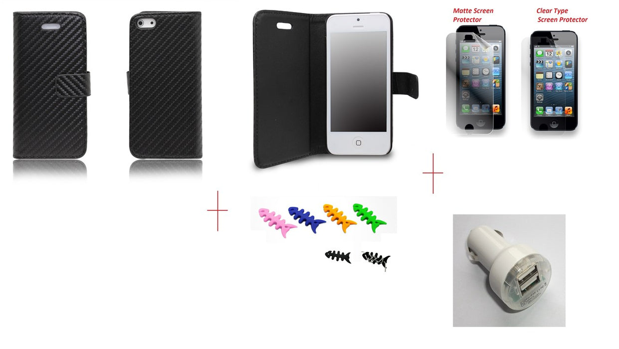 Iphone 5 Carbon Fibre Leather + SP + Car Charger