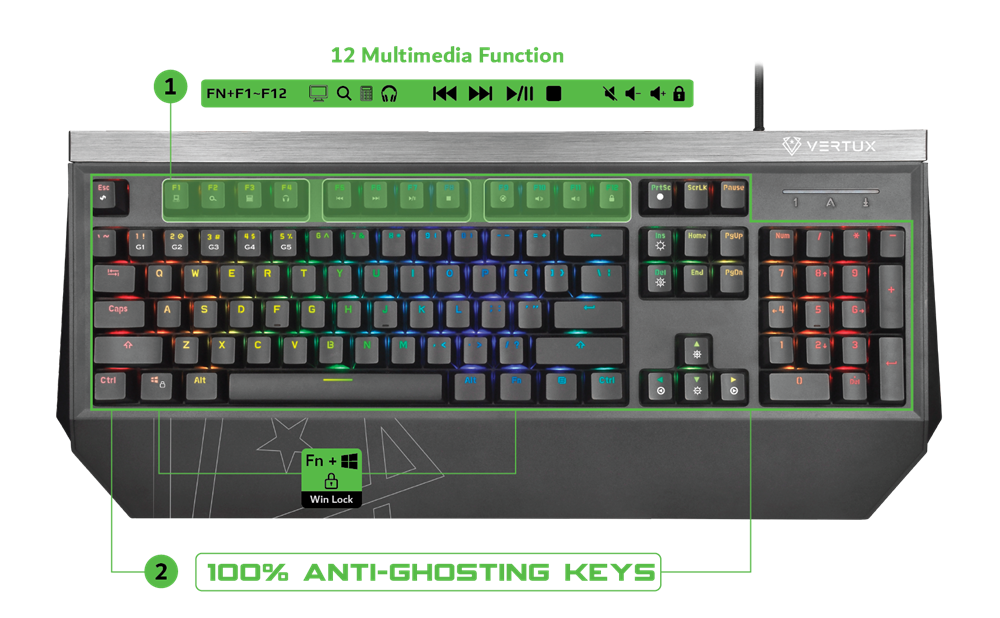 Vertux Precision Pro Mechanical Gaming Keyboard w/ RGB Backlight TANTALUM